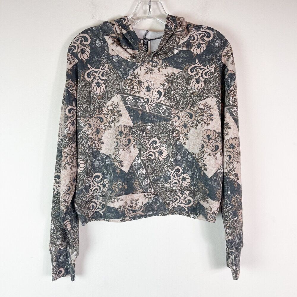Onzie NWOT Women French Terry Cropped Long Sleeves Print Hoodie Brown Ivory M L